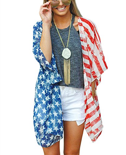 DDSOL Women's American Flag Kimono Cover up Beachwear Cardigan Loose Tops Shirt Blouse(Red One Size)