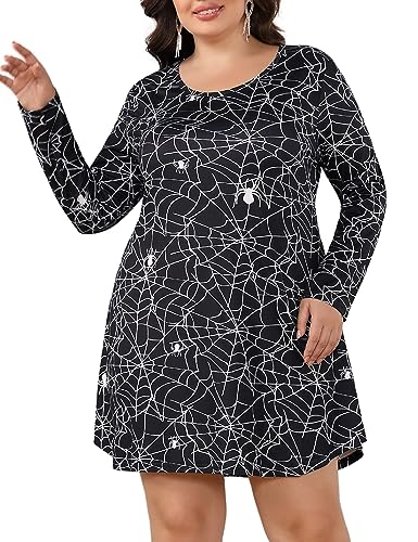 Aphratti Women's Long Sleeve Halloween Print Swing Short Dress Cute Costume Tunic Dresses for Parties(Black Spider Web,3X-Large)