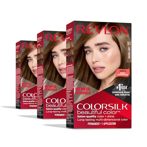 Revlon ColorSilk Beautiful Color Permanent Hair Color, Long-Lasting High-Definition Color, Shine & Silky Softness with 100% Gray Coverage, Ammonia Free, 51 Light Brown, 3 Pack