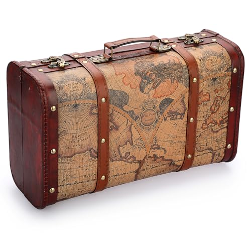 ELLDOO Vintage Wooden Storage Chest, Portable Decorative Luggage Suitcase, Treasure Chest Box with Map Pattern, Pirate Keepsakes Box for Gifts, Chest Storage Box for Decor Storage Travel