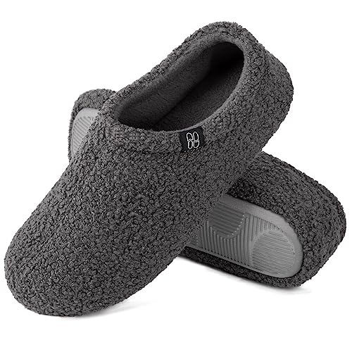 HomeTop Women's Fuzzy Curly Fur Memory Foam Loafer Slippers Bedroom House Shoes with Polar Fleece Lining (9-10 US,Dark Grey)