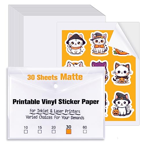 Printable Vinyl Sticker Paper 30 Sheets - Matte White Waterproof Printable Sticker Paper for Inkjet Printer & Laser Printer, Size 8.5'x11' A4 Printer Paper, Quick Dry Vivid Colors Tear Resistant