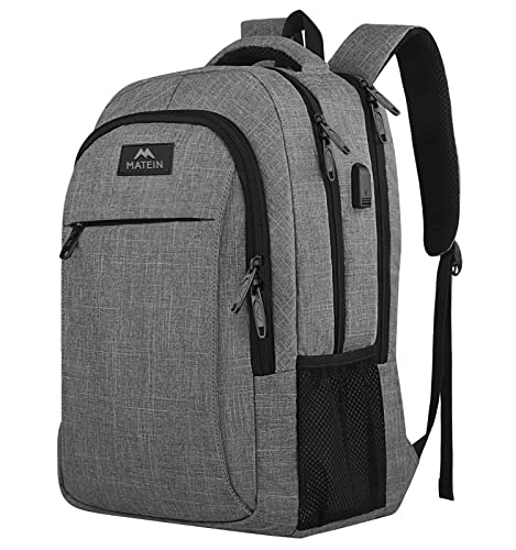 MATEIN Travel Laptop Backpack, Business Anti Theft Slim Sturdy Laptops Backpack with USB Charging Port, Water Resistant College School Computer Bag Gift for Men & Women Fits 15.6 Inch Notebook, Grey