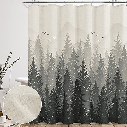 SMABU Froest Linen Shower Curtain Black and Beige Cloth Shower Curtains for Bathroom Rustic Mountain Tree Nature Shower Curtain Heavy Duty Cream Fabric Shower Curtain Tan Hemp Shower Curtains 72x72