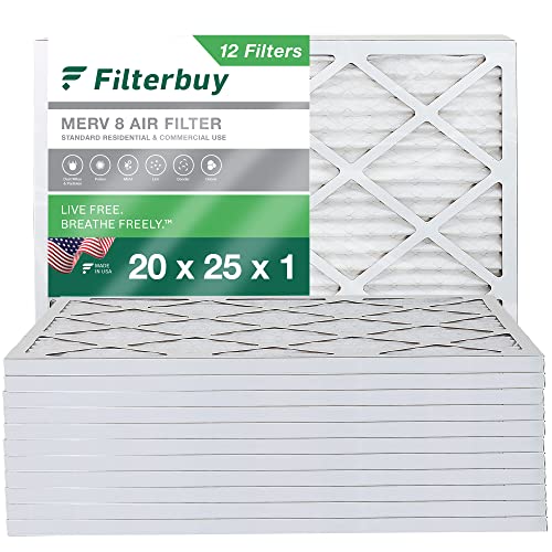 Filterbuy 20x25x1 Air Filter MERV 8 Dust Defense (12-Pack), Pleated HVAC AC Furnace Air Filters Replacement (Actual Size: 19.50 x 24.50 x 0.75 Inches)