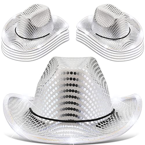 Kigeli 10 Pcs Lights Cowboy Cowgirl Hat LED Flashing Hat Light Up LED Cowboy Cowgirl Hat for Western Cowboy Costume Role Play Xmas(Silver, Sequin)