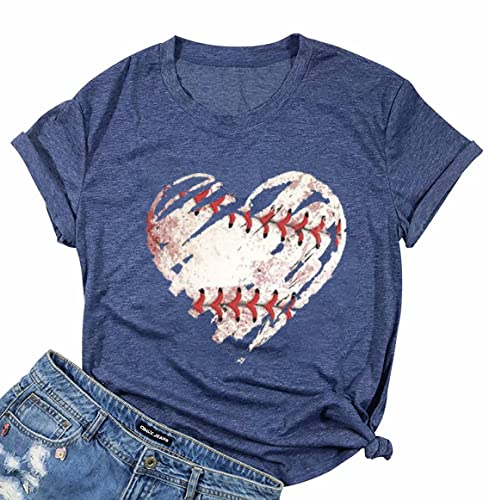 Baseball Shirts Women Game Day Shirt Baseball Heart Graphic Tee Shirts Casual Short Sleeve Tshirt A-Blue