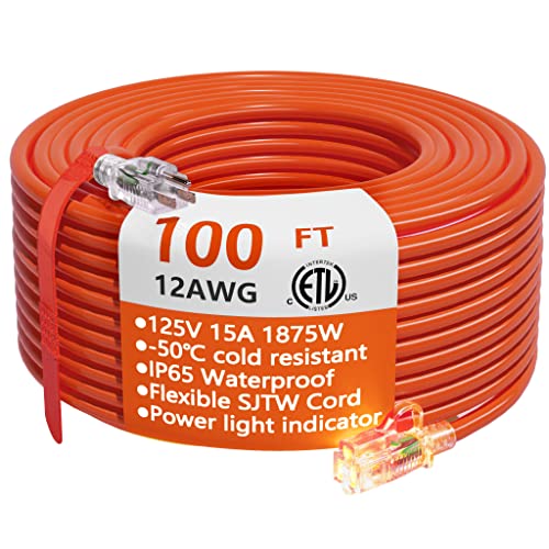 HUANCHAIN 12/3 Gauge Heavy Duty Outdoor Extension Cord 100 ft Waterproof with Lighted end, Flexible Cold-Resistant 3 Prong Electric Cord Outside, 15Amp 1875W 12AWG SJTW, Orange, ETL