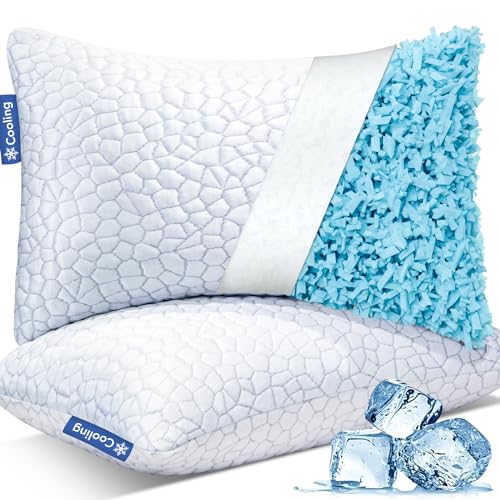 QUTOOL Cooling Pillows for Sleeping 2 Pack, Shredded Memory Foam Bed Pillows Queen Size Set of 2, Gel Pillow for Hot Sleepers Cool Pillow for Side Back and Stomach Sleepers, Cold Pillow, Supportive