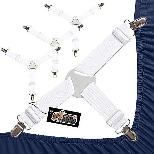 Gorilla Grip Bed Sheet Straps, Adjustable Elastic Fasteners with Metal Clips, Keep in Place Fitted Bedding Holder, Easy Install Suspenders Mattresses, Firm Tight Accessories, 4 Pack White