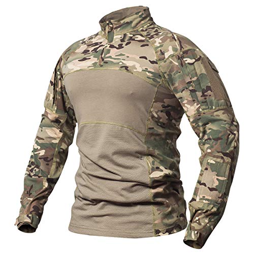 CARWORNIC Men's Tactical Combat Shirt Long Sleeve Military Camouflage T Shirt Lightweight Elastic Cotton Outdoor Camo Army Shirts with 1/4 Zip
