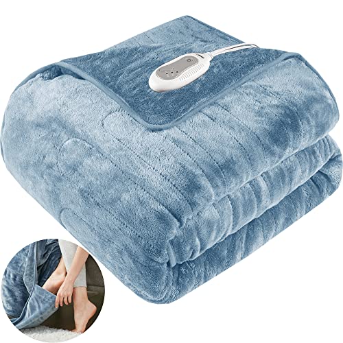 Microplush Electric Blanket with Foot Pocket Blue 50x62 | Heated Lap Throw for Home or Office - Keeps Toes Toasty | 3 Heat Settings with Auto Shut Off | 6Ft Power Cord | Washable