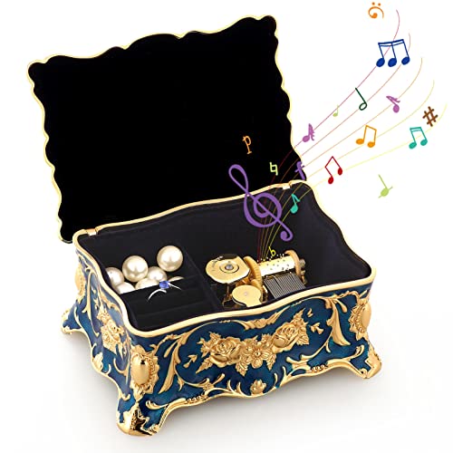ROSIKING Blue Rectangle Emboss Alloy Metal Music Box Wind Up Antique Jewelry Musical Boxes Christmas Birthday Valentine's Day Gifts Plays Elfen Lied