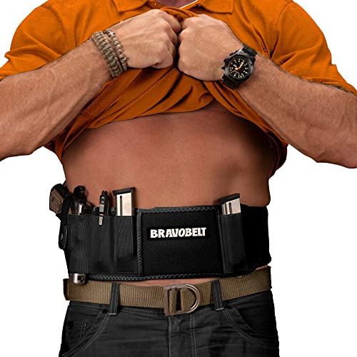 BRAVOBELT Belly Band Holster - Athletic Flex FIT for Running, Jogging, Hiking - G17-43 S&W M&P 40 Shield Bodyguard Kimber (Up to 44' Belly, Black)