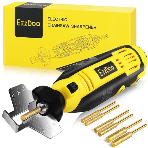 EzzDoo Electric Chainsaw Sharpener Kit with TITANIUM-PLATED Diamond Bits - High-Speed Chain saw Sharpener Tool and 6 High Hardness Sharpening Wheels For All Chainsaw Chains.