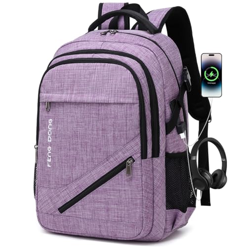 FENGDONG Large Laptop Backpack 17.3 inch Durable Waterproof Travel College Backpack Bookbag for Men & Women Business Backpack with USB Charging Port and Headset Port Light Purple