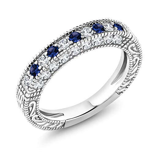 Gem Stone King 925 Sterling Silver Blue and White Created Sapphire Ring | Wedding Band Ring For Women | 1.00 Cttw | Available In Size 5, 6, 7, 8, 9