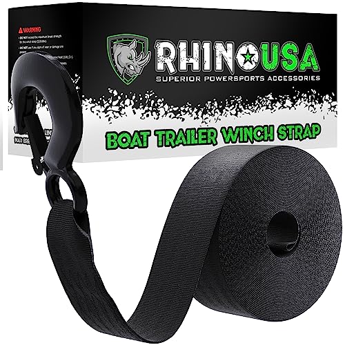 Rhino USA Boat Trailer Winch Strap (2 Inch x 20 Foot) - 5,016lb Maximum Break Strength - Ultimate Marine Whinch Pulley Straps for Pontoon, Waverunner, Fishing Boat Accessories (Black)