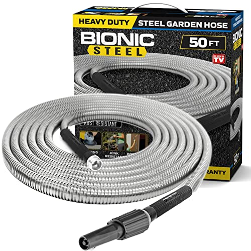 BIONIC STEEL 50 Foot Garden Hose 304 Stainless Steel Metal Water Hose – Super Tough & Flexible, Lightweight, Crush Resistant Aluminum Fittings, Kink & Tangle Free, Rust Proof, Easy to Use & Store