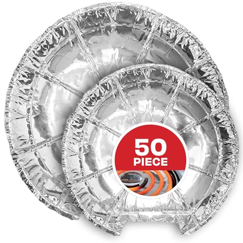 Round Electric Stove Burner Covers (50 Pack) 6 Inch and 8 Inch Disposable Stove Top Aluminum Foil Bib Liners, to Keep Kitchen Range Clean from Oil and Food Drips, Stock Your Home