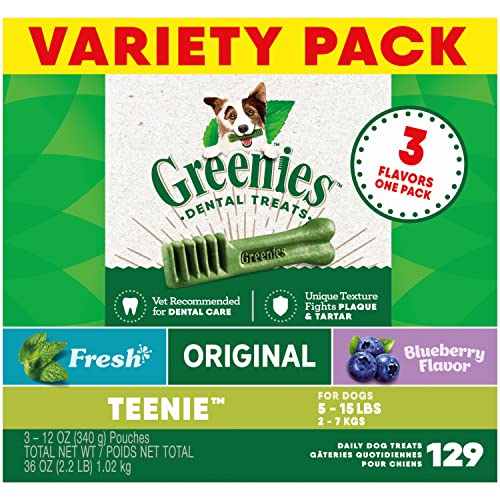 GREENIES TEENIE Natural Dog Dental Care Chews Oral Health Dog Treats 3-Flavor Variety Pack, (3) 12 oz. Pouches, 129 Total Treats
