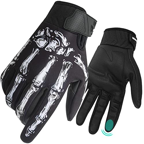 RIGWARL 15F°- 50F° Leather Winter Motorcycle Gloves, Warm Ten-Finger Touchscreen Cycling Gloves for Men Women, Cold Weather Skeleton Skull Gloves for Runing Camping Riding Mountain Bike BMX ATV MTB