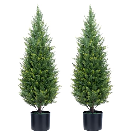 ECOLVANT Artificial Topiary Tree Two 3 Foot Artificial Cedar Trees Indoor Outdoor UV Resistant Bushes Potted Plants Artificial Shrubs Tree