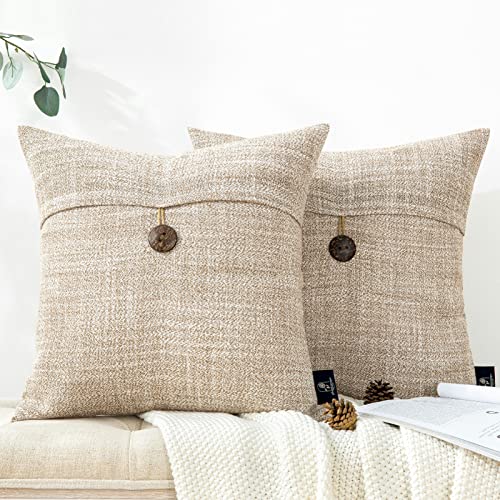 Phantoscope Pack of 2 Farmhouse Throw Pillow Covers Button Vintage Linen Decorative Pillow Cases for Couch Bed and Chair Beige 18 x 18 inches 45 x 45 cm