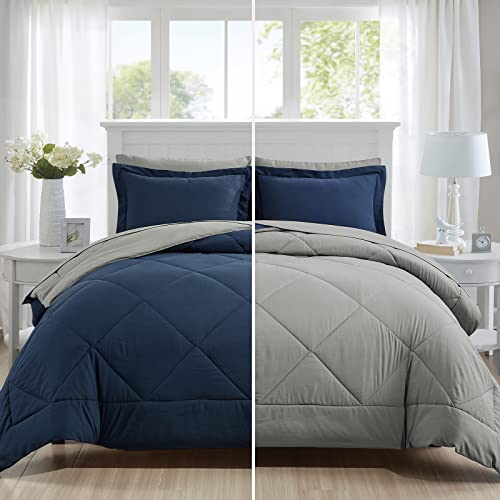 Furnishh 5 Pieces Comforter Set Twin Bed in a Bag, Reversible Bed Set with Comforter, Flat Sheet, Fitted Sheet, Pillowcase & Sham, Navy Blue and Grey Twin Size Bedding Sets for Boys, Girls