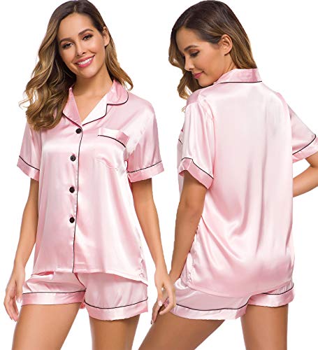 SWOMOG Womens Silk Satin Pajamas Set Two-piece Pj Sets Sleepwear Loungewear Button-Down Pj Sets Pink