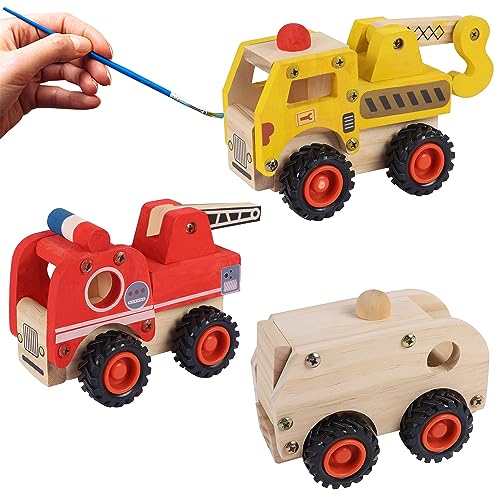 Glintoper Woodworking Building Craft Kit, Set of 3 DIY Carpentry Construction Vehicles Wooden Toy for Boys Girls, Easy Assemble Crane, Fire Truck and Garbage Truck, 3D Art Craft Wood Toys for Kids