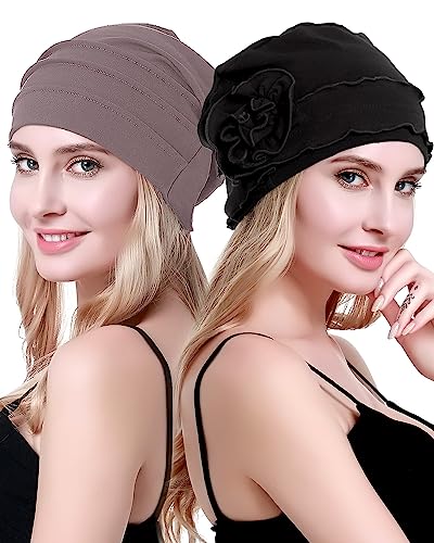osvyo 2 Pieces Cotton Chemo Hat Beanie Headwear for Women-Soft Cap Cancer for Hair Loss Gift Sealed Packaging Black-Mix