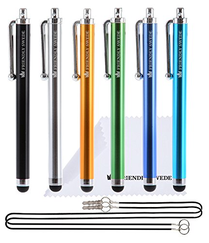 The Friendly Swede Stylus Pens for Touch Screens 4.5', 6-Pack Stylus Pen for iPad, Stylus Pen for iPhone and Android - Incl. 2 x 15 Lanyards and Cleaning Cloth - Black/Gold/Silver/Blue/Sea Blue/Green