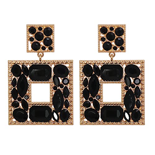 Rhinestone Square Dangle Earrings For Women Sparkly Crystal Geometric Drop Statement Earrings Juran Green Collection (Black)