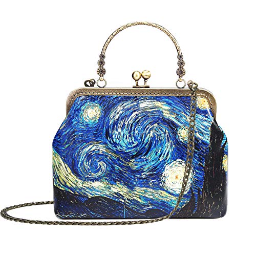 Rejolly Women Leather Vintage Handbag Kiss Lock Top Handle Evening Clutch Purse Shoulder Bag Van Gogh The Starry Night