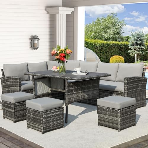 U-MAX 7 Pieces Patio Furniture Set Outdoor Sectional Sofa Conversation Set All Weather Wicker Rattan Couch Dining Table & Chair with Ottoman, Gray