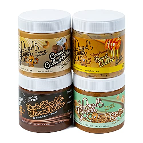 Laurel's Butter Variety Pack - Sample Pack of Favorite Flavors – Includes Coconut Cashew Butter, Dark Chocolate Almond Butter, Honey Crunch Peanut Butter, and The Selfie (4 OZ Each)