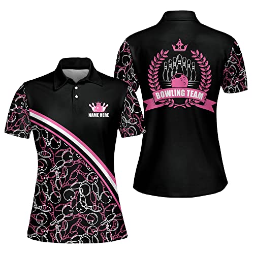 LASFOUR Personalized 3D Pink Bowling Queen Pin Pattern Jerseys Shirts for Women, Custom Quick-Dry Bowling Shirts Short Sleeve Polo for Women, Pink Bowling Team Shirts for Women