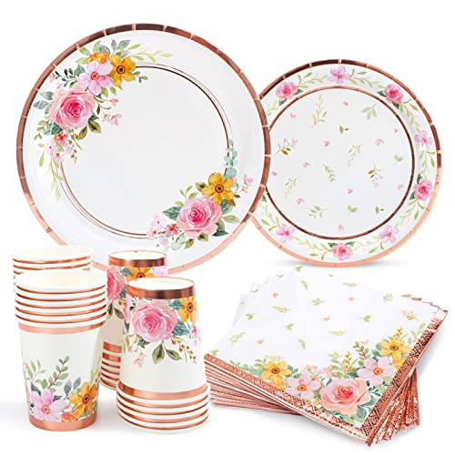 HOMIX Floral Paper Plates and Napkins Cups Sets Pink Flower Tea Party Supplies Disposable Dinnerware Sets Serves 24 for Bridal Shower, Birthdays