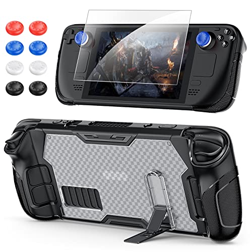 Protective Case with Kickstand for Steam Deck, YUANHOT Accessories Kit including Flexible Cover Protector with Alloy Kick Stand & Comfortable Grip, Screen Protector, Thumb Grips for Steam Deck, Black