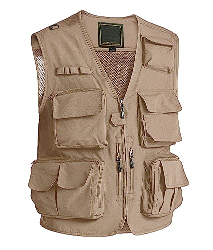 MAGCOMSEN Work Vest for Men with Pockets Outerwear Vest Casual Summer Outdoor Fishing Vest Men Mesh Breathable Cargo Vest for Men Khaki