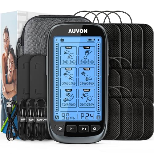 AUVON 3-in-1 TENS Unit Muscle Stimulator, Dual Channel Electronic Pulse Massager, TENS EMS Machine, 24 Modes Muscle Massager for Pain Relief Therapy, EVA Travel Case, 12 Pcs TENS Unit Electrodes Pads