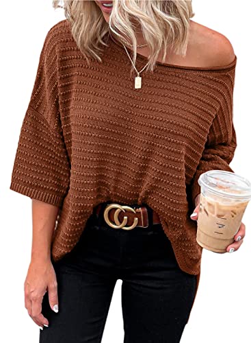 Dokotoo Womens Fashion Juniors Fall Summer Shirts and Blouses for Women 2024 Pullover Sweaters T-Shirts Off Shoulder 3/4 Sleeve Tunic Tops Loose Tee Shirts Brown Medium