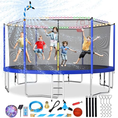 Lyromix Upgraded 14FT Trampoline for Kids and Adults, Large Outdoor Trampoline with Stakes, Light, Sprinkler, Backyard Trampoline with Basketball Hoop and Net, Capacity for 5-8 Kids and Adults