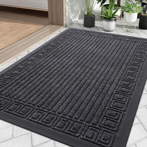 Finchitty Front Door Mat Outdoor Entrance, Heavy Duty Sturdy Rubber Doormat, Stain and Fade Resistant, Easy to Clean, Low Profile Indoor Outdoor Mat for Entryway and Patio, 30x17, Grey