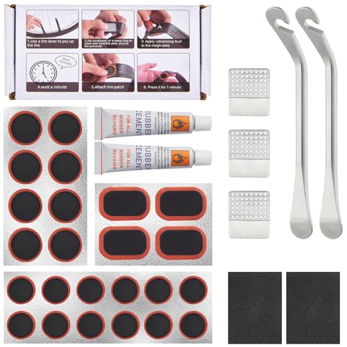 Zacro 34 PCS Bike Tire Repair Kit, with 24 PCS Vulcanizing Patches & 2 Premium Stainless Steel Levers, Metal Rasp - Bicycle Inner Flat Tube Patch Kit for Mountain MTB BMX Road Cycling Ebike Scooter