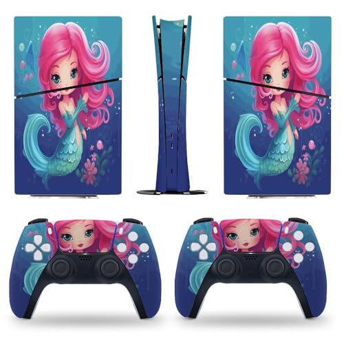 Buyidec Sticker Skin for PS5 Slim Digital Edition Mermaid Pink Tail Skin Console Controller Accessories Cover Skins Anime Vinyl Cover Sticker Full Set for Playstation5 Slim Digital Edition