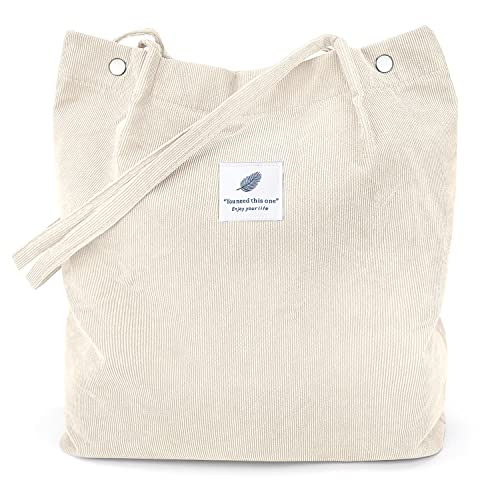 LHMTQVK Women Corduroy Tote Bag, Corduroy Bag Women's Shoulder Purses Reusable Grocery Shoulder Bag for Office Shopping Travel (Beige)