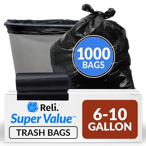 Reli. SuperValue 6-10 Gallon Trash Bags | 1000 Count Bulk | Small | Black Multi-Use Garbage Bags