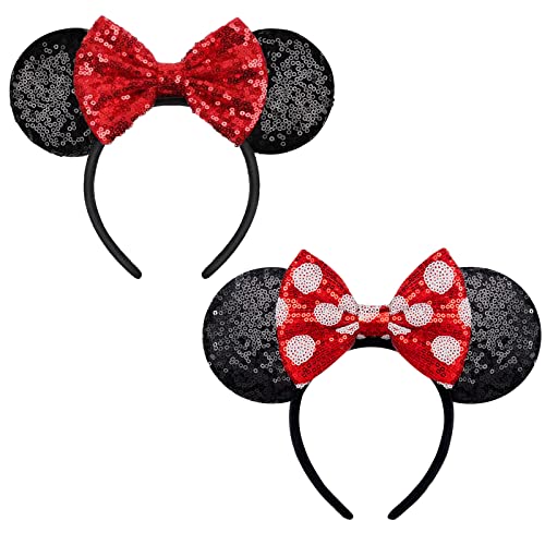 YUNISS 2 PCS Mouse Ears, Shiny Red Sequin Bow Mouse Ears Headbands for Adult Women Girls Christmas Birthday Party (Red&dot bow)